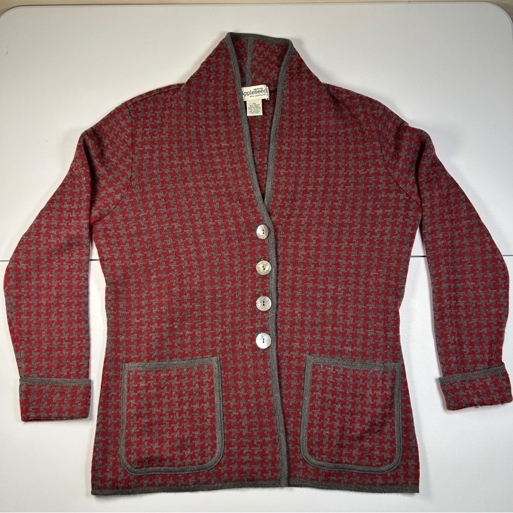 Appleseed's Petite Houndstooth Cardigan Sweater Red Gray Wool Blend Blazer SP